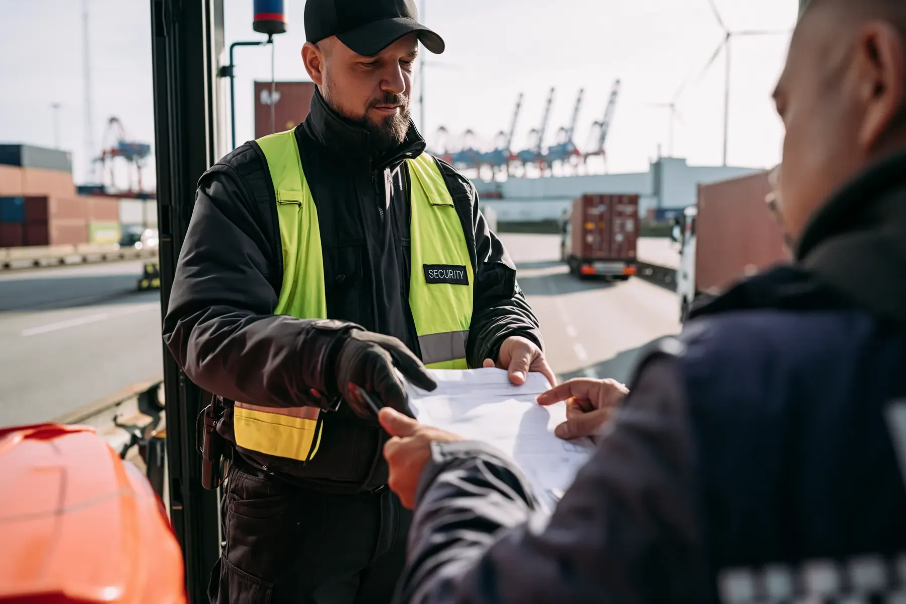 Kontrolle der Frachtpapiere an der Einfahrt eines Containerterminals